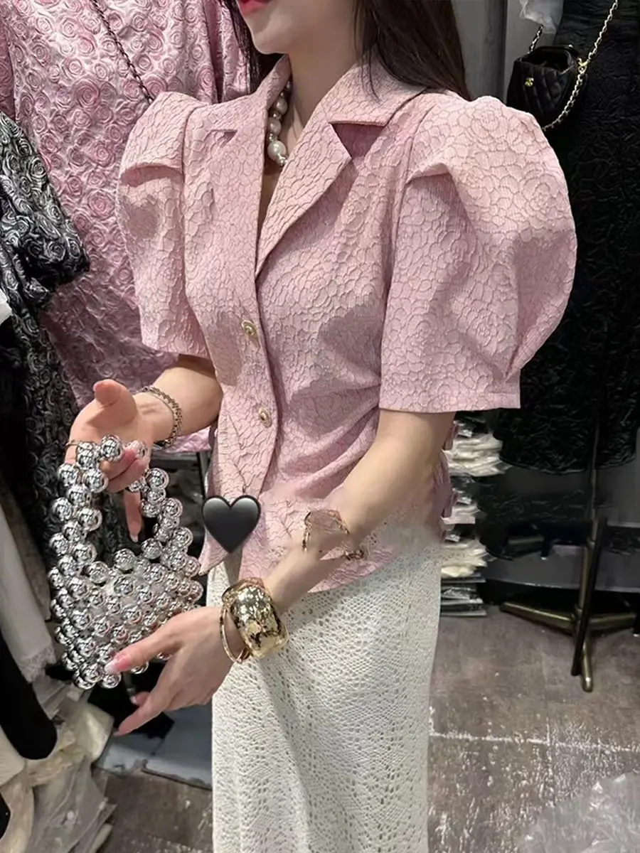 

Girl's Summer Blouse Blazer Collar Puff Sleeves Exposed Waist Ruffled Shirt with Adjustable Drawstring Slim Fit Versatile Blouse
