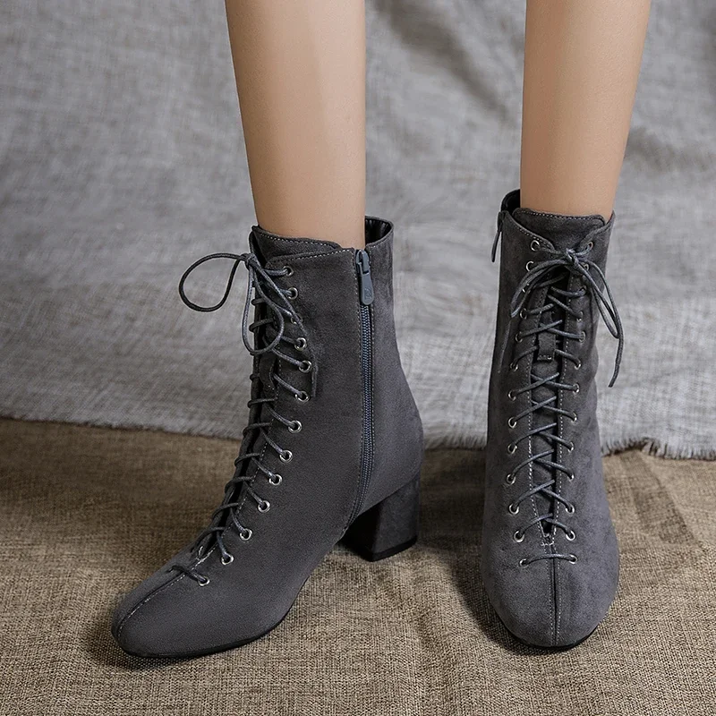 Black Ankle Boots for Women Chunky Boots High Heel Autumn Winter Pointed Toe Booties Woman Fashion Zipper Gray Black Boots 2024