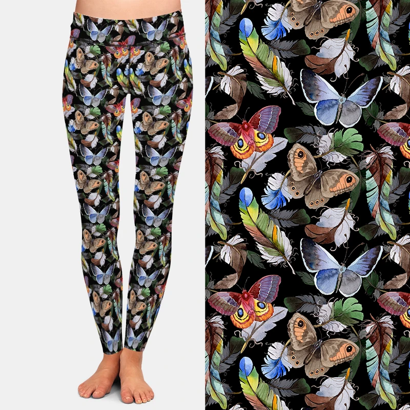 LETSFIND High Waist 3D Butterflies and Feathers Print Fitness Pants Fashion New Soft Slim Sexy Girl Skinny Stretch Legging