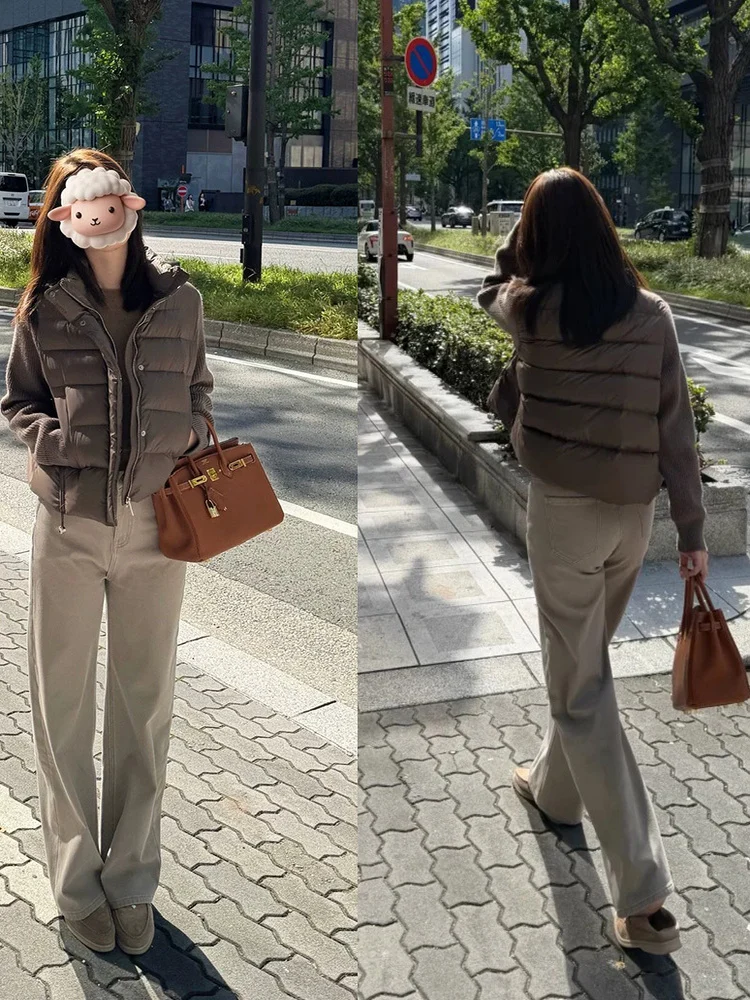 이스트 게이트 니트 스웨 패치워크 다운 재킷 여성용 따뜻한 경량 루즈 캐주얼 출퇴근용 브레드 스타일 패셔너블 코트