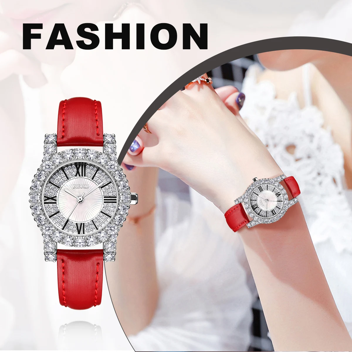READ Ladies Quartz Watch | Red PU Band | Shell Dial | Roman Numerals | Decor Bezel | 30M Daily Water Resistant