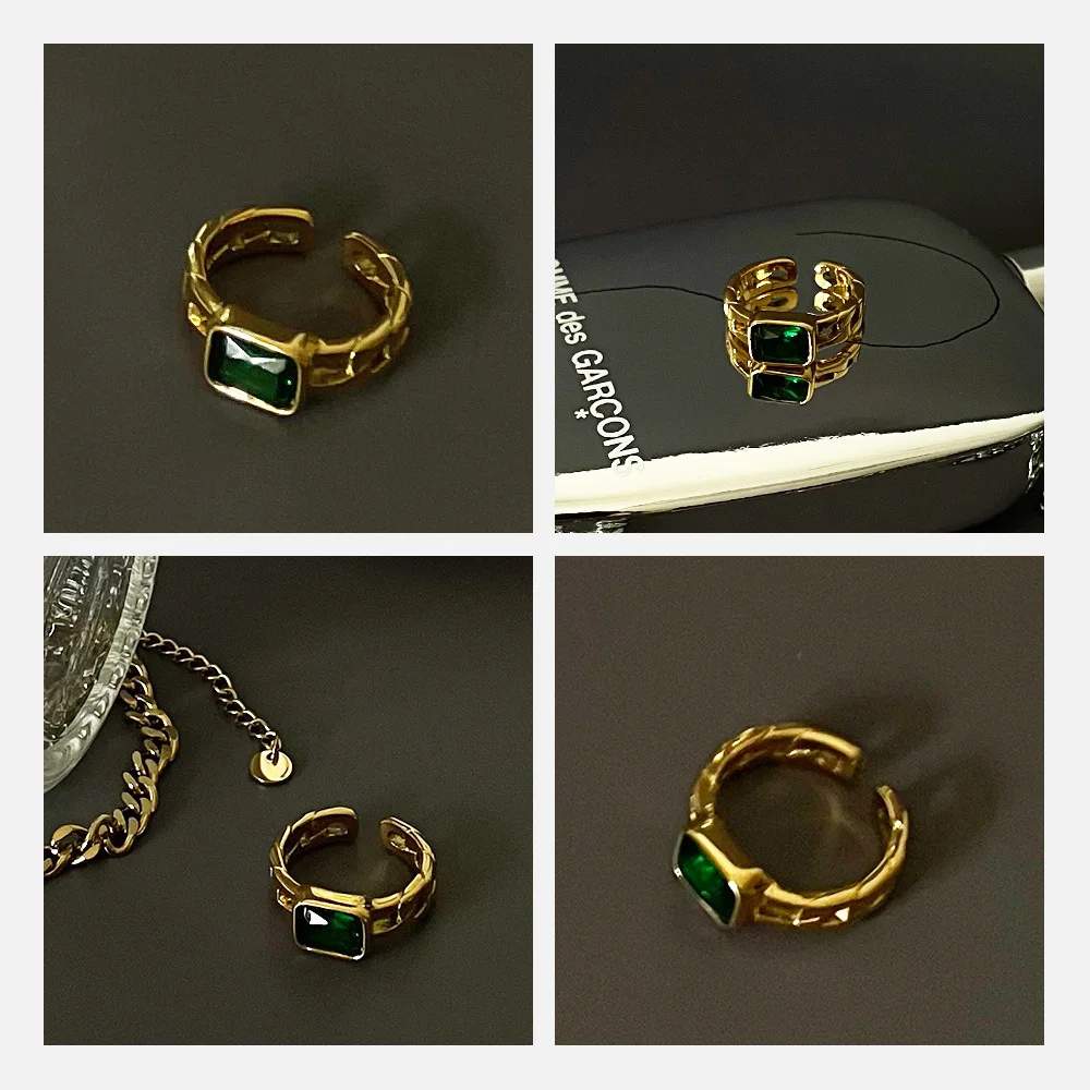 ENFASHION Royal Green Stone Wedding Ring For Women Gold Color Hollow Rings Stainless Steel Anillos Fashion Jewelry Party R4098