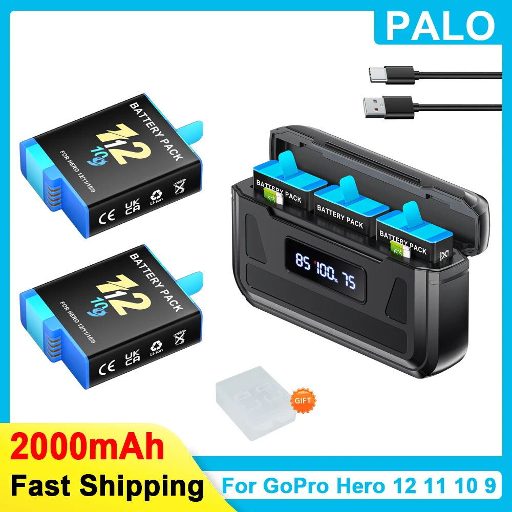 بطارية 2000 مللي أمبير في الساعة لبطارية GoPro Hero 12 بطارية كاميرا الحركة + شاحن LCD ثلاثي القنوات لكاميرات GoPro Hero 9 10 11 الرياضية