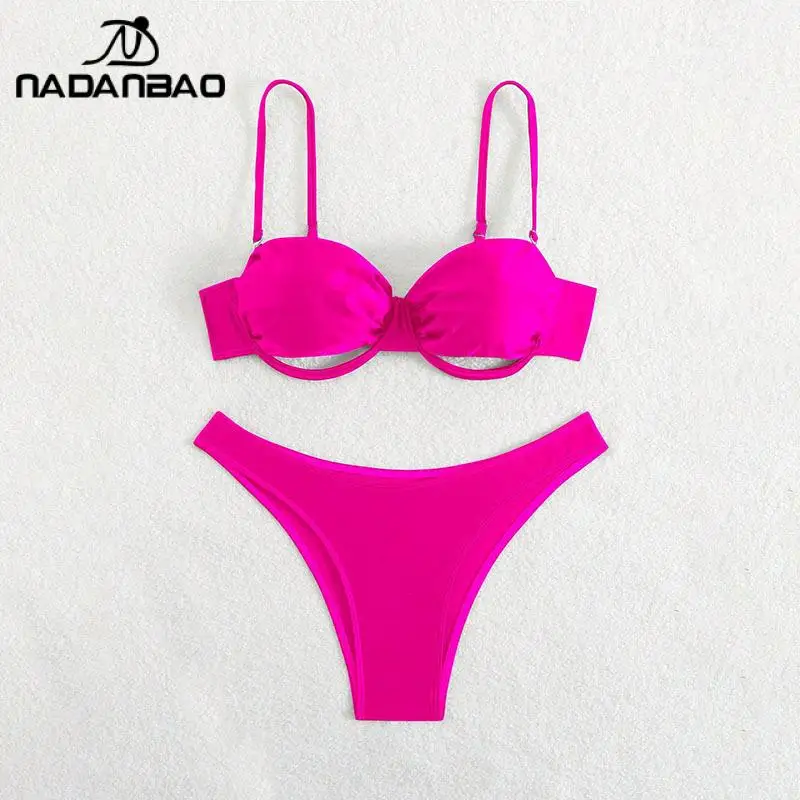 

Nadanbao Women Rose Pink Bikini Two-Piece Set Solid Color Drawstring Straps Swimwear High Waist Beach Vacation Bikini Summer