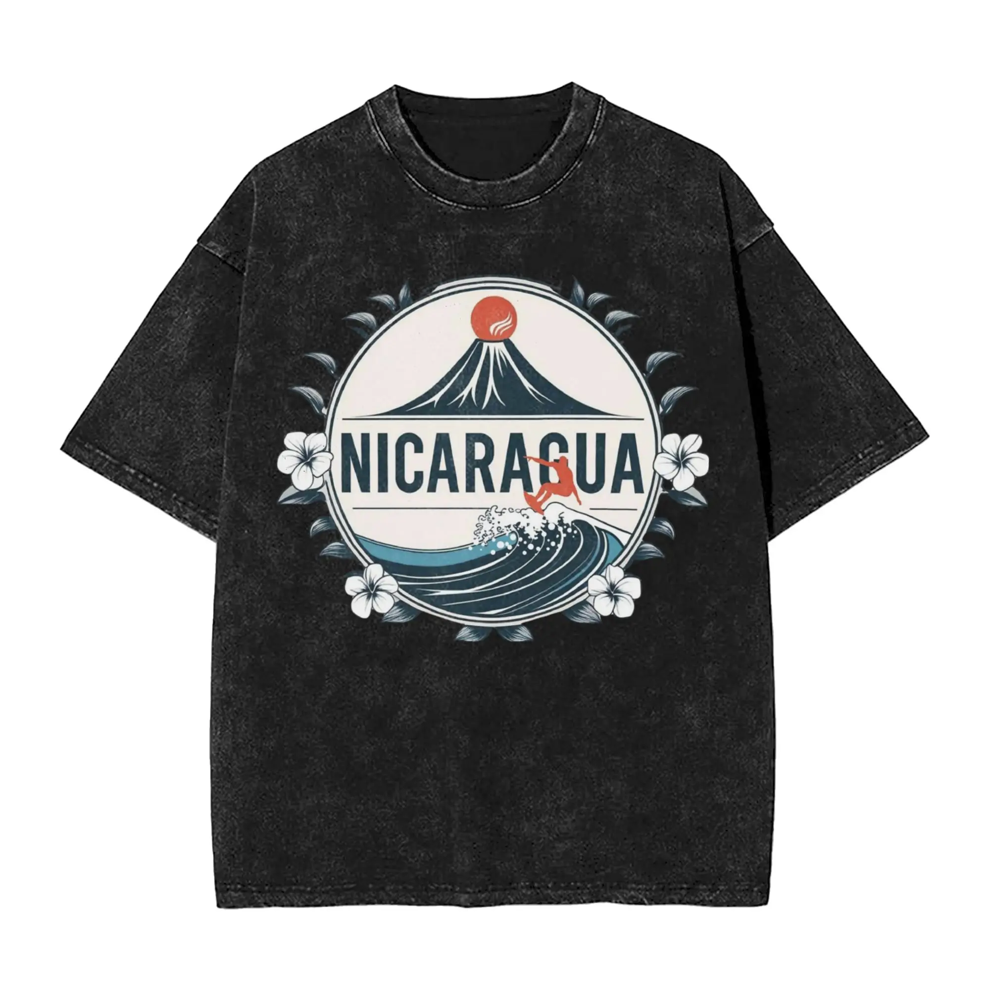 Nicaragua Retro Volcanoes and Surf Waves Washed T Shirts Streetwear Hip Hop T-Shirt  Tees for Men Women  Cotton Oversize Summer
