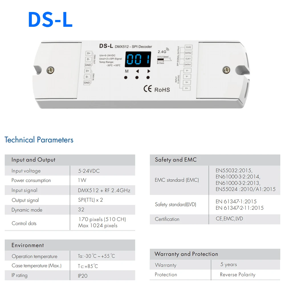 DMX512 to SPI Converter DMX Decoder Wireless Controller DS-L with Digital Display for 2811 2812 6803 IC LED Strip Lamp 5V-24VDC