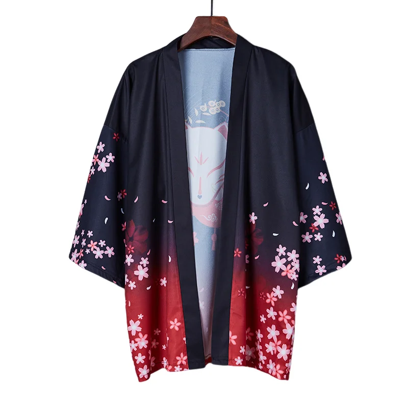 Summer Casual Japanese Floral Print Haori Kimono Fox Mask Pattern Dark Red Open Cardigan for Men Women 3/4 Sleeve Streetwear
