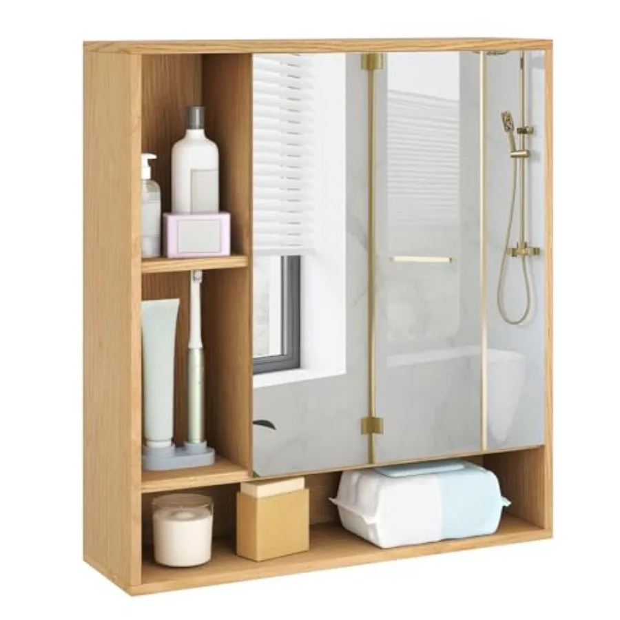 

Bathroom Medicine Cabinet with Mirror, Wall Mounted Medicine Cabinet w/Single Door, 3 Open Shelves and Adjustable Shelf, Space-