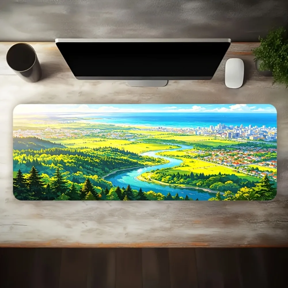 Esports Gaming Mouse Pad Featuring a Healing Japanese Anime-style Landscape of a Coastal Town in the Green River Valley