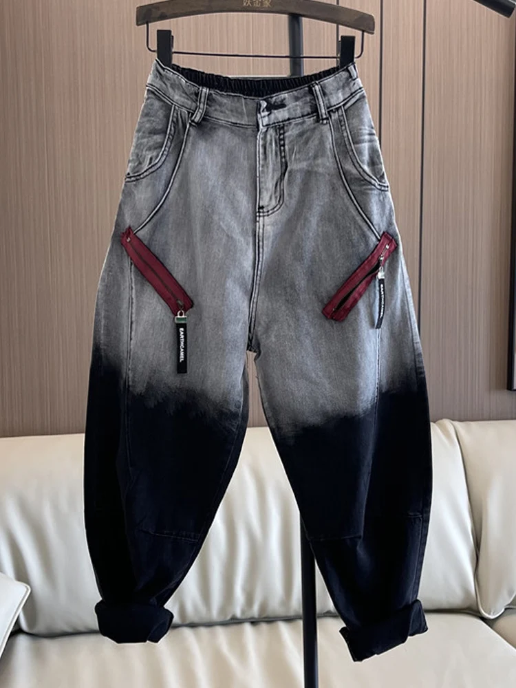 Women's High Waisted Denim Ankle-Length Pants, Embroidered Jeans, Trendy Streetwear, Gradient Zipper, Loose Harem Pants