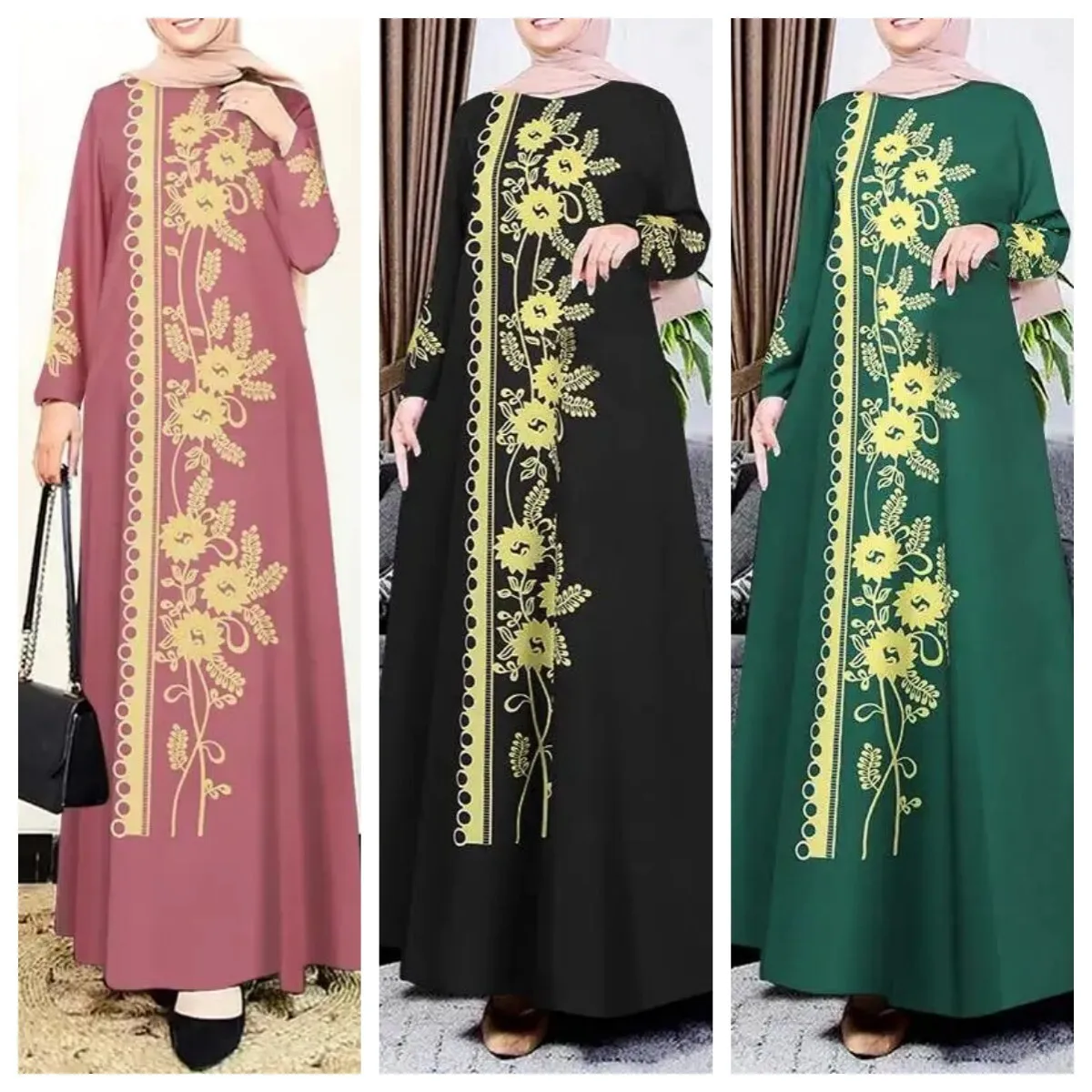 

2024 new women's long sleeved Muslim dress with floral print extra long skirt and robe