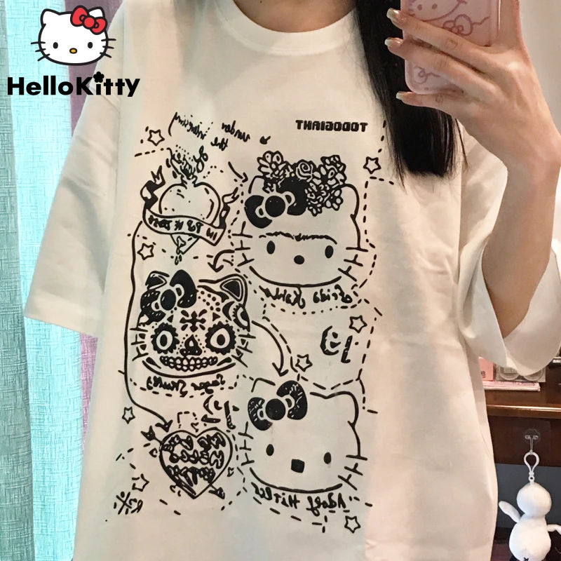 

Sanrio Hello Kitty Gothic Vintage Cartoon Tees For Women Y2k Summer Fashion Loose T-shirt Oversize Couple Tops Harajuku Clothes