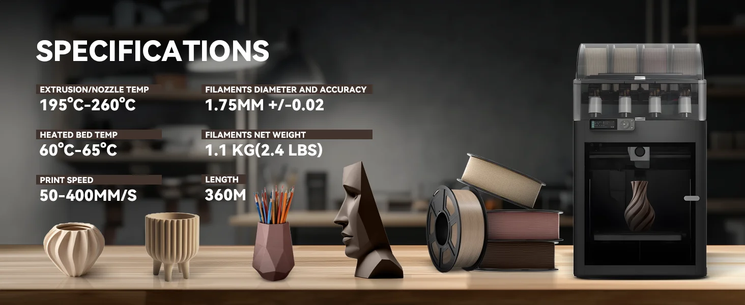 JAYO 3D Wood PLA Printer Filament 1.75mm 15% Real Wood Fibers Dimensional Accuracy +/- 0.02mm Fits Most FDM 3D Printers 4 Rolls