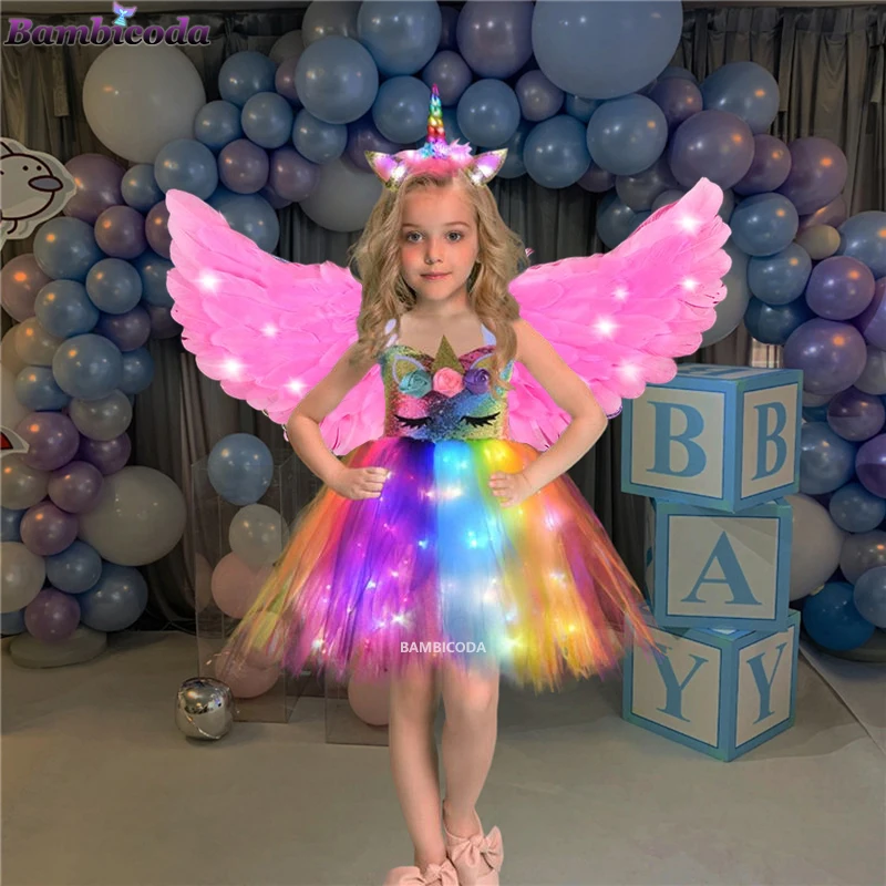 2024 Girls Shiny Unicorn Princess TUTU Dress Children LED Glowing Dresses Wings Headband Stage Costume for Girl Halloween Party