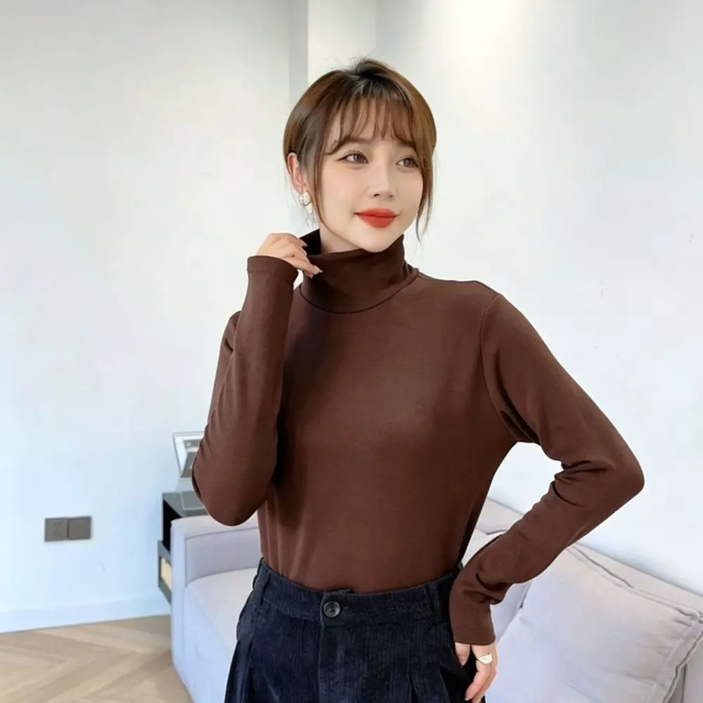 Elegant Women Turtleneck Thermal Shirt Long Sleeve Slim Fit Brushed Fabric Base Layer For Autumn Winter Warm Clothing