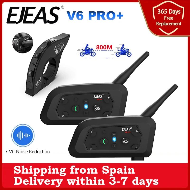 EJEAS V6 PRO+ Motorcycle Helmet Intercom Bluetooth Headset Support EUC CVC Noise Reduction Waterproof IP67 Standby Time 260H