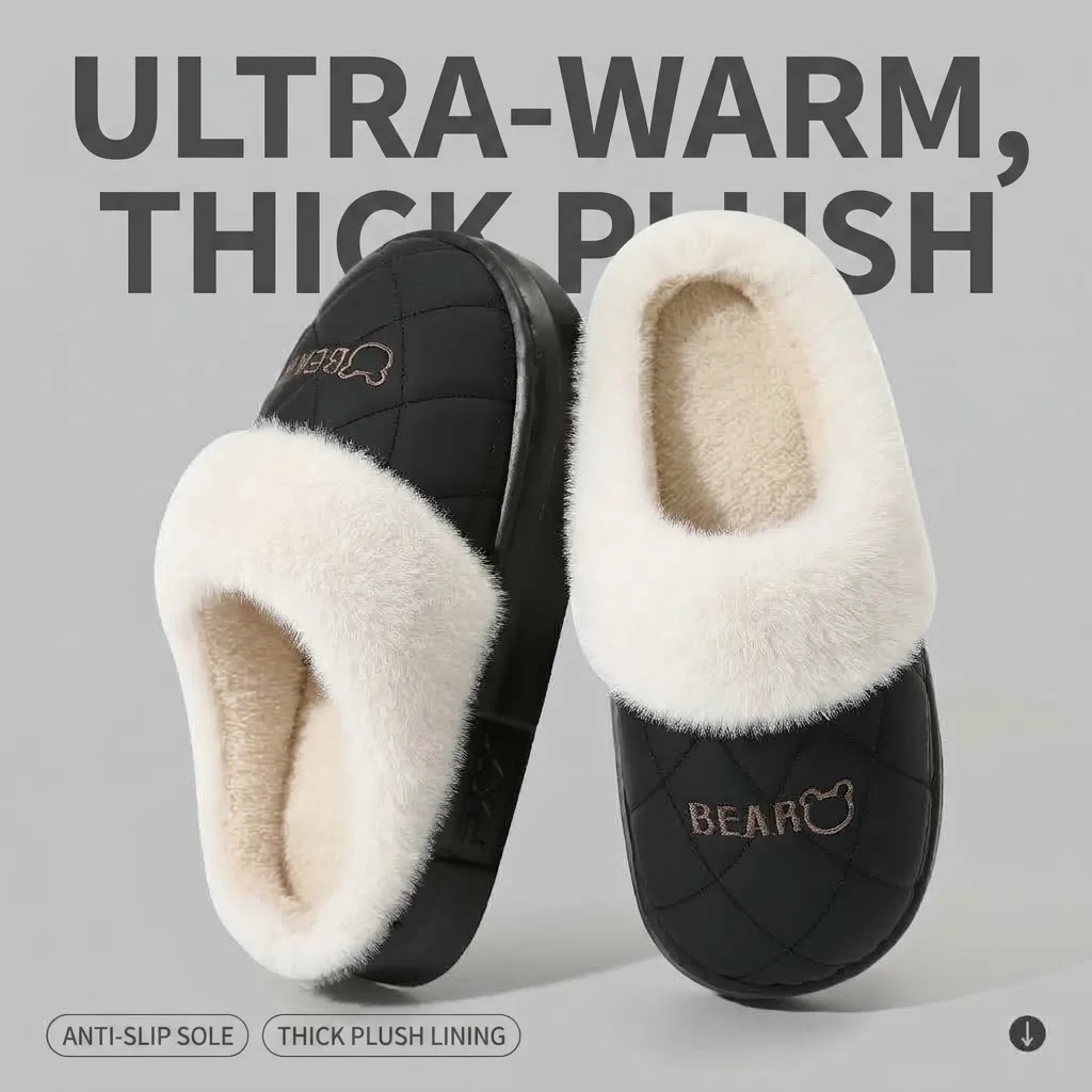 Unisex Winter Warme Plüsch-Hausschuhe für Damen und Herren, niedliche Bären-Stepphausschuhe mit Plateausohle, wasserdicht, rutschfest, für drinnen und draußen, Mules – Detail 14