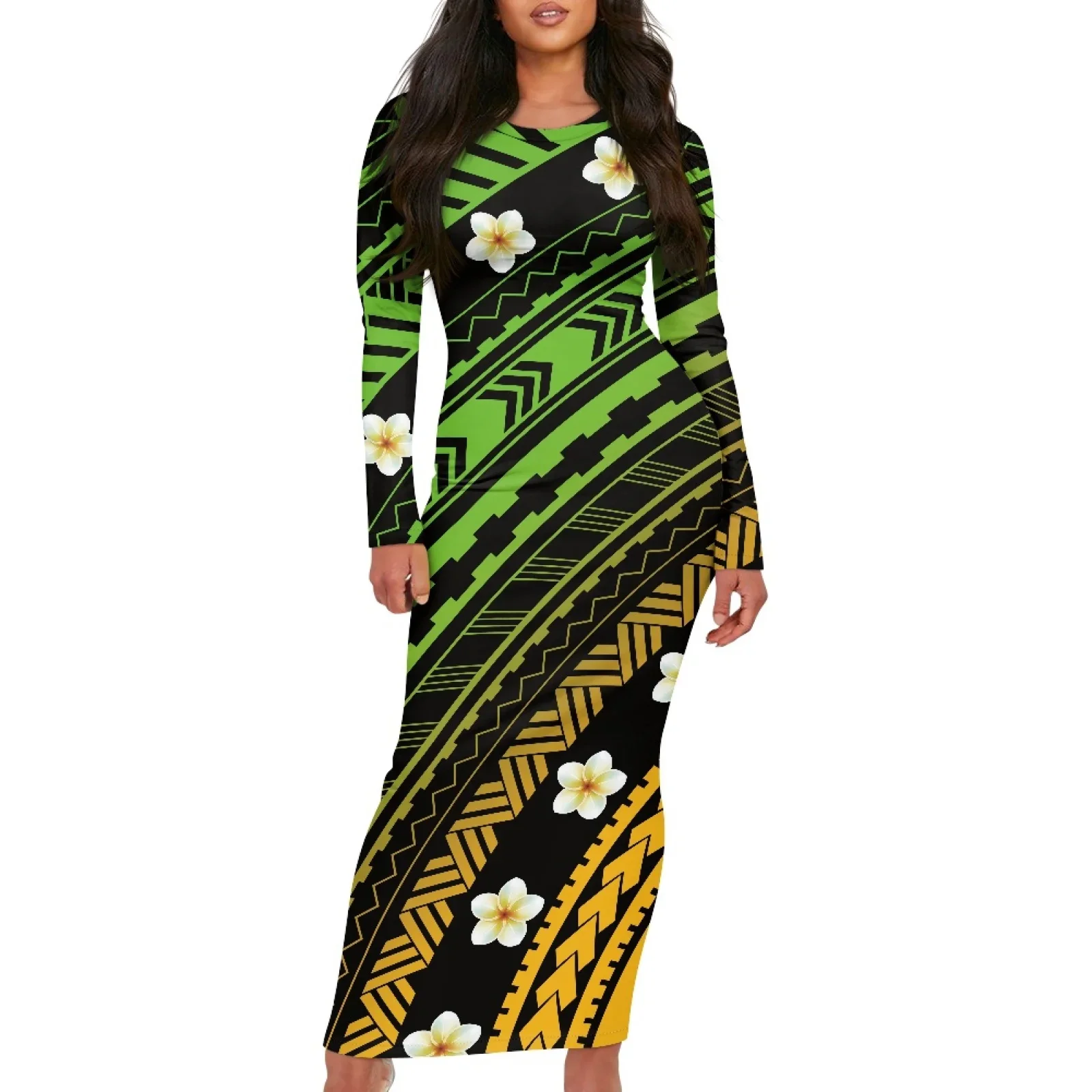 Polynesian Tribal Samoan Totem Tattoo Samoa Prints Women Commuter Sexy Long-Sleeved Dress Elegant Knitted Hibiscus Maxi Dresses