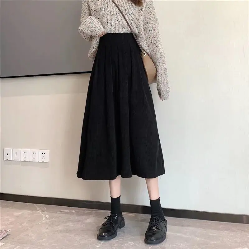 Deeptown Elegant Corduroy Long Skirt Women Black Vintage Korean Style Midi Skirts Autumn Winter Casual High Waist A-line Skirts