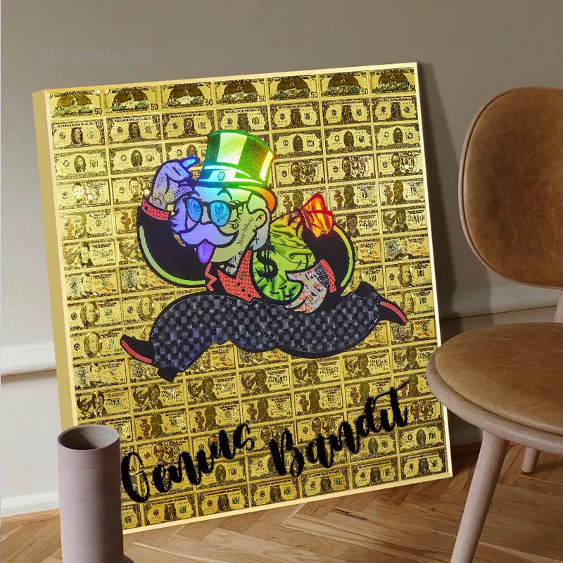 

Trendy Cartoon Character Wall Decoration Painting Running Alec Monopoly Hold Dollars Bag Canvas Posters Cuadros Wall Art Mual