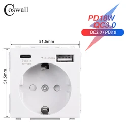 COSWALL 16A EU Socket Module With PD 18W Type-C & QC 3.0 Type-A Dual USB Fast Charger Use For C1/E20/L1/X2/S08 Series Wall Frame