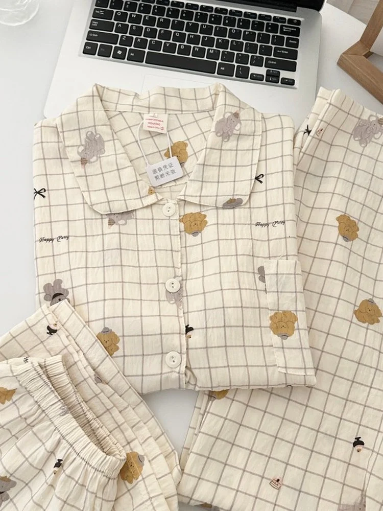 

Adorable Korean Japanese Women's Sleepwear Summer Short Sleeve Loose Thin Home Clothes Three-Piece Set Comfortable Outerwear