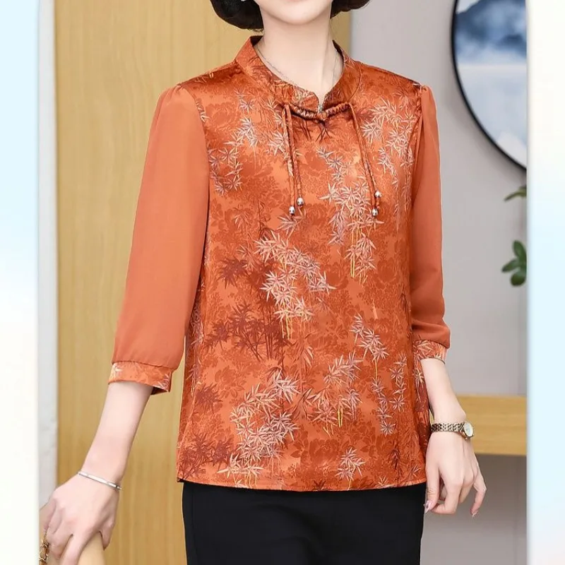 Women's Pullover Geometric Printing Plant&Flowers Gauze Lantern Long Sleeve Crew Neck Chiffon T-shirt Elegant Chinese Style Tops