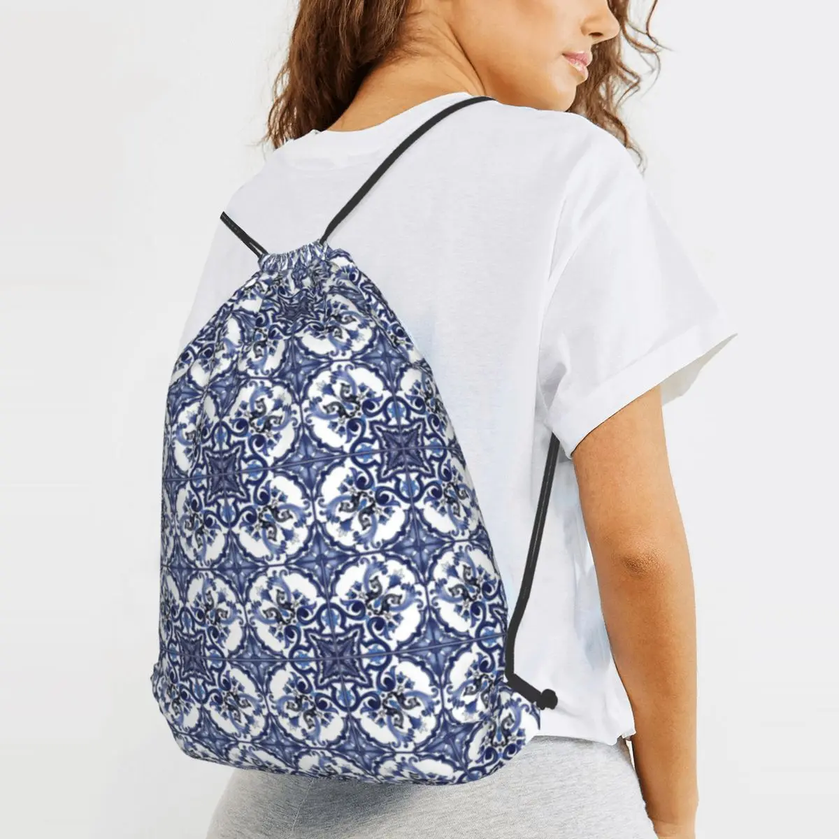 Blue Ornate Floral Mediterranean Sicilian Tile Backpacks Casual Drawstring Bags Storage Bag Book Bags for Man Woman Students