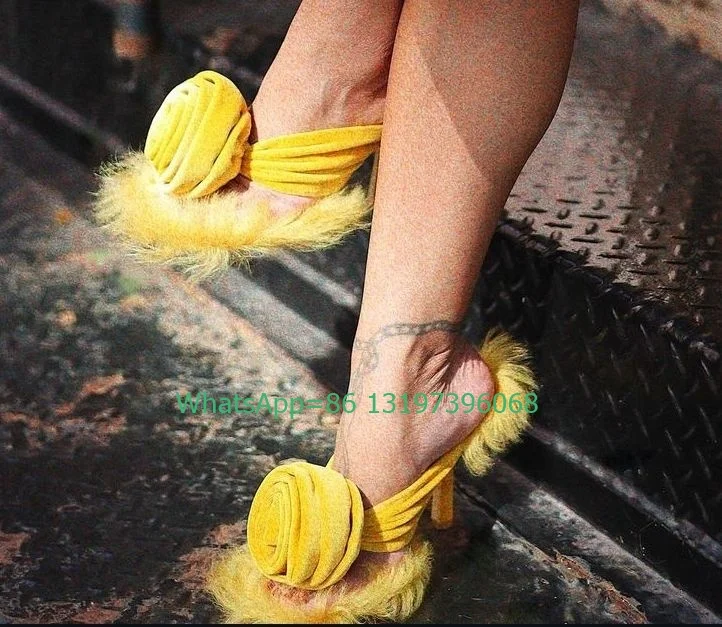 Lady Yellow Fur 3D Rose Flower Mules Footwear Summer Open Toe Stiletto Heel Causal New Arrive Pumps1 Suede Purple Shoes Size 46