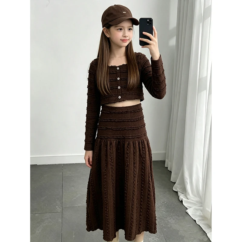 Girls 8-12 Spring Autumn 2Pcs Outfit, Square Neck Ruffle Textured Pullover Top Decor Buttons Elastic Waist Pleated Skirt Set