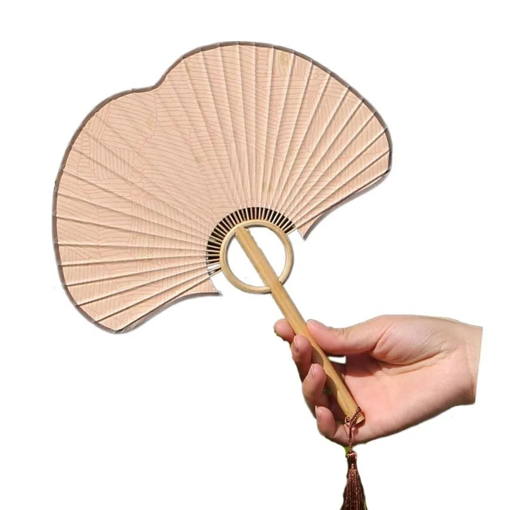 DIY Double-sided Ginkgo Round Fan Vintage Portable Rice Paper Fan Exquisite Chinese Round Fan Calligraphy Painting