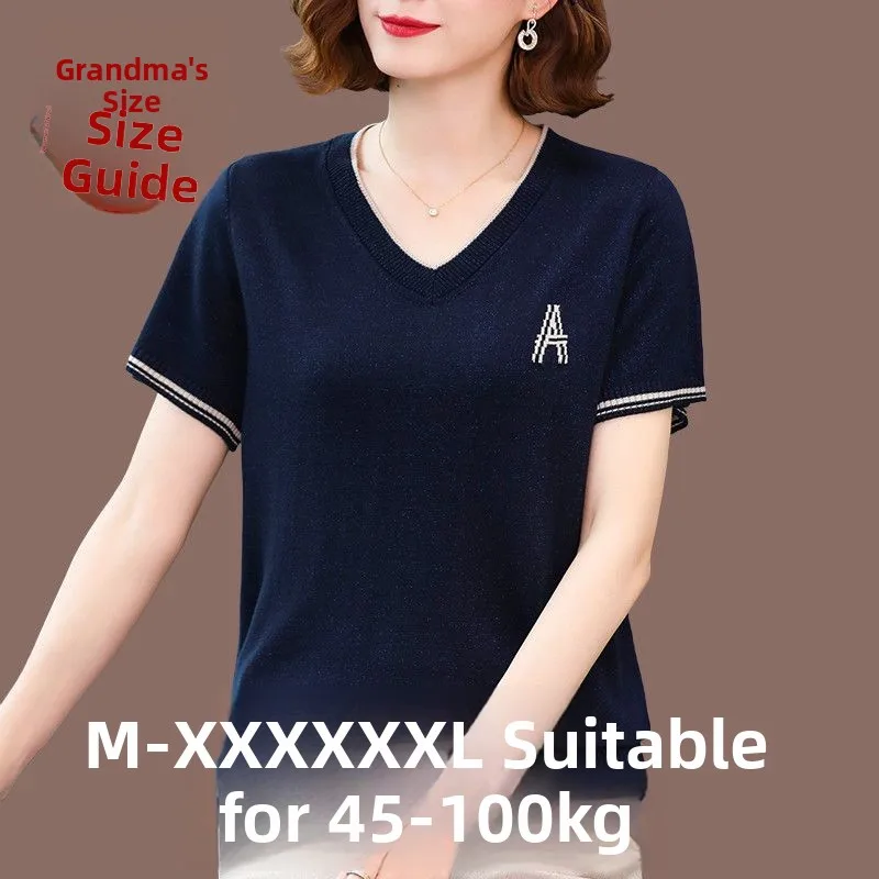 Extra Large Ice Silk Short Sleeve T-Shirt Women's V-Neck Loose Knitted Summer Top Breathable Casual Style Mommy's Fashion