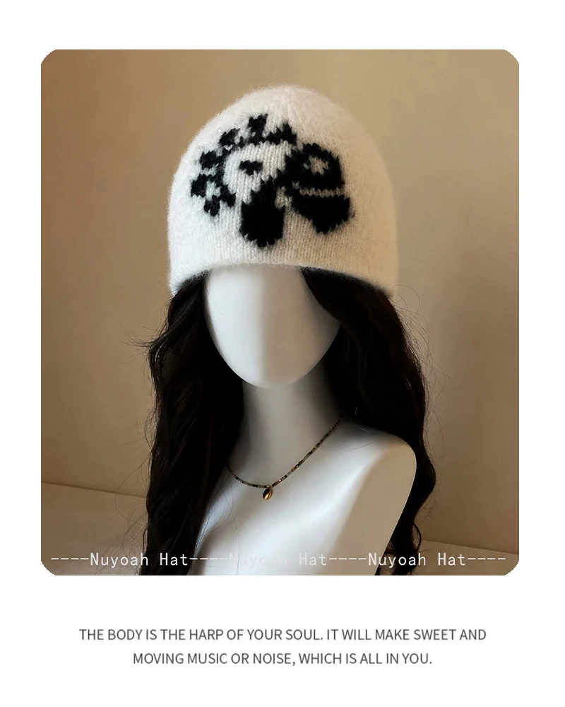 Neue Retro-Cortis-Mützen für Damen und Herren mit antiken Blumenmustern, locker gestrickt, warm, vielseitig, für den Außenbereich, modische Nischen-Beanies mit Farbblock-Design. – Detail 7