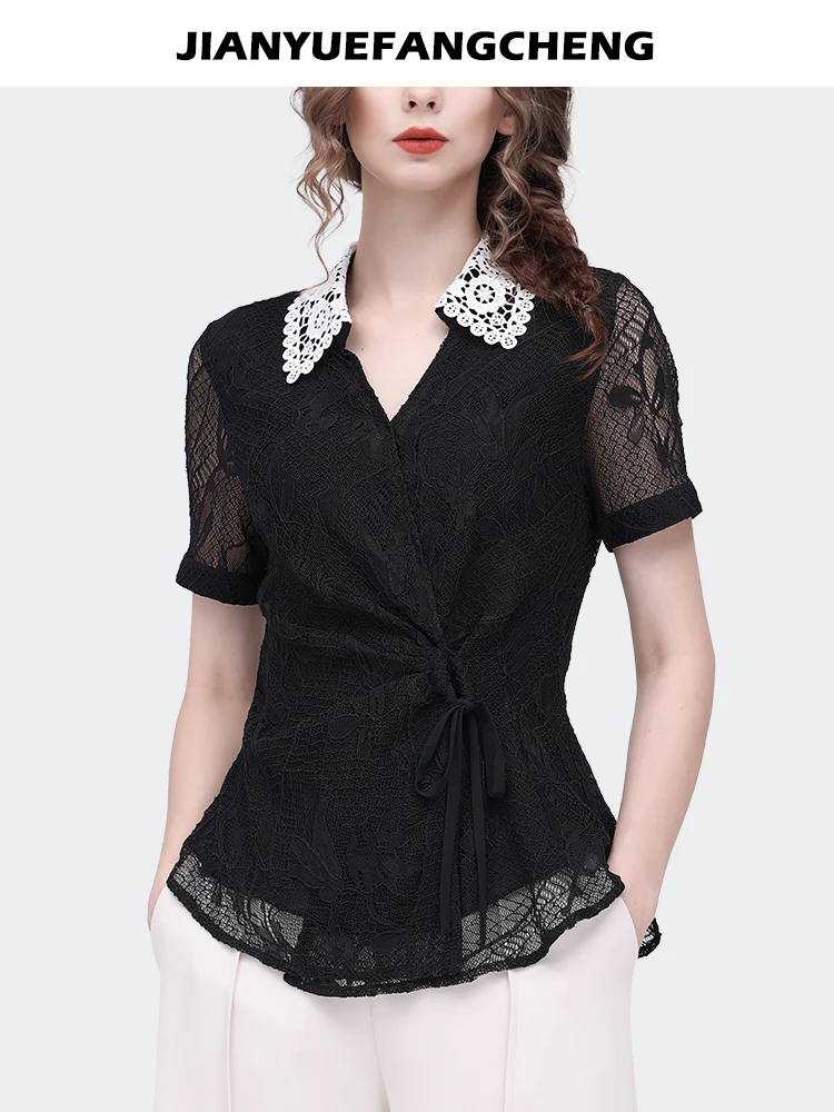 Fashion Women\' Short Sleeve Turn-down Collar Black Lace Top Elegant Slim Hollow Out Casual Shirts With Bandage Summer Blouses