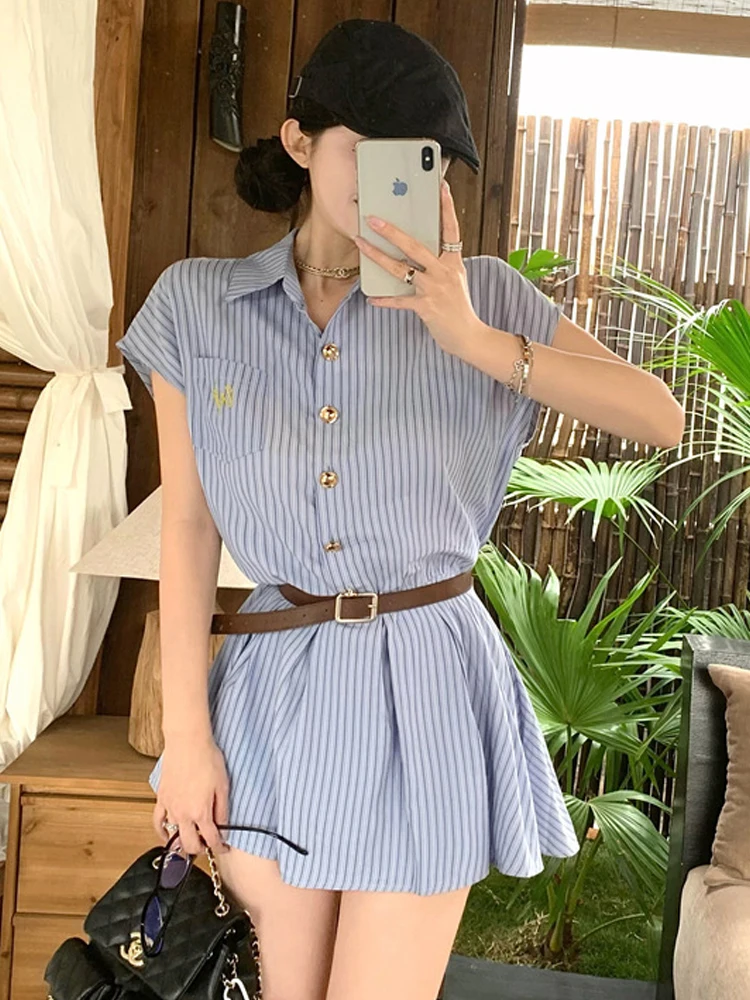 Roupas femininas casual doce solto mini camisa vestido senhora bonito coreano cinto balanço vestido plissado feminino rua diário wear vestido femme