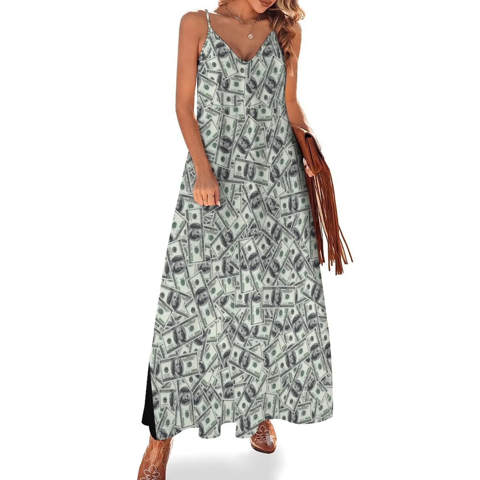 Giant money background 100 dollar bills Sleeveless Long Dress Women long dress Women's summer dress