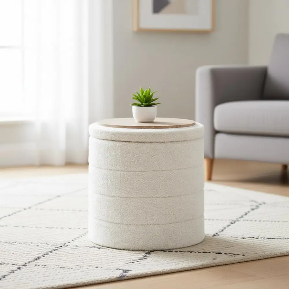 

Round White Sherpa Storage Ottoman with Footrest, 16.9x16.9x17.7