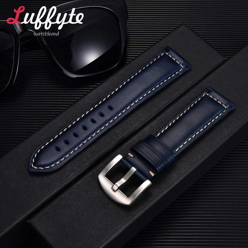 

Oil Wax Discoloration Business Leather Watch Band 20mm 22mm Replacement Wristband Black Red Green Blue Men Retro Wrist Belt