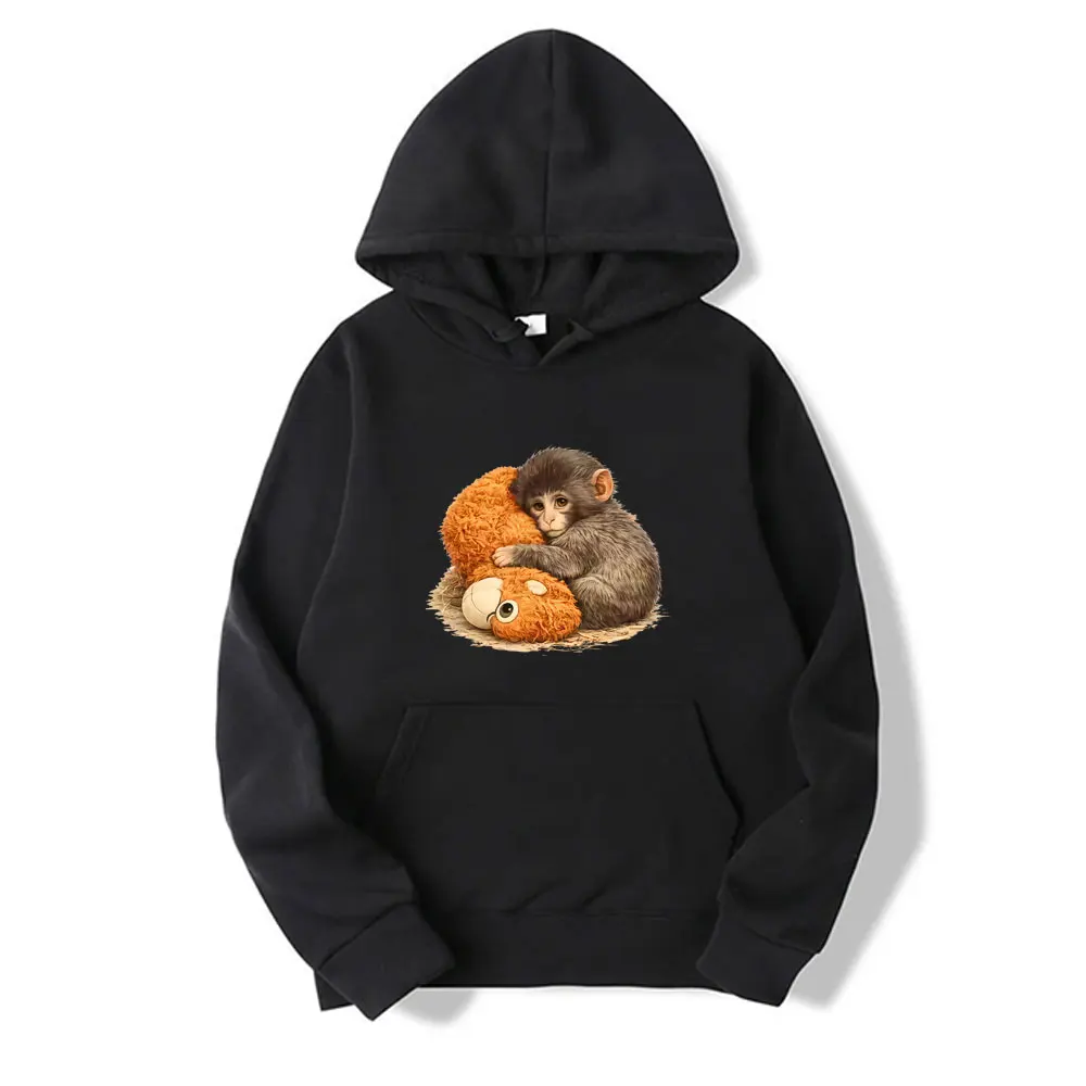 Sad Monkey Punch with An Orange Toy Funny Meme Graphic Hoodie Men Women Casual Hooded Sweatshirt Male Oversized Pullover Hoodies