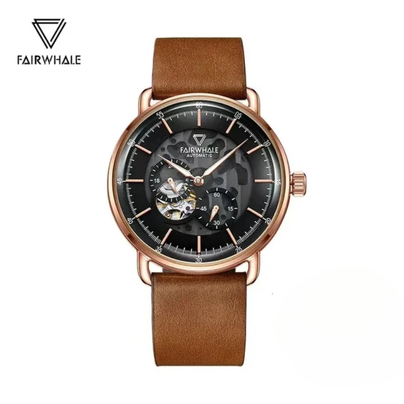 FAIRWHALE 6360 Mens Watches Brown Leather Strap Tourbillon Mechanical Watches Automatic Movementz Sapphire Glass Skeleton Watch