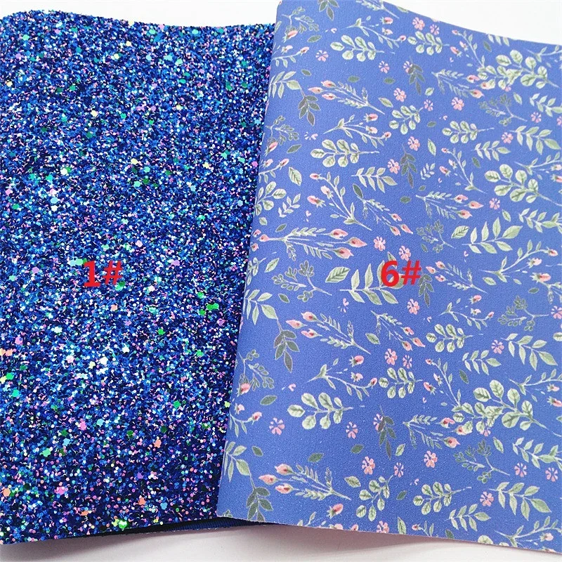 Blue Glitter Leather Sheets Flower Printed Smooth Fabric Shimmer Glitter Leather Metallic Leather for DIY Craft 8.2