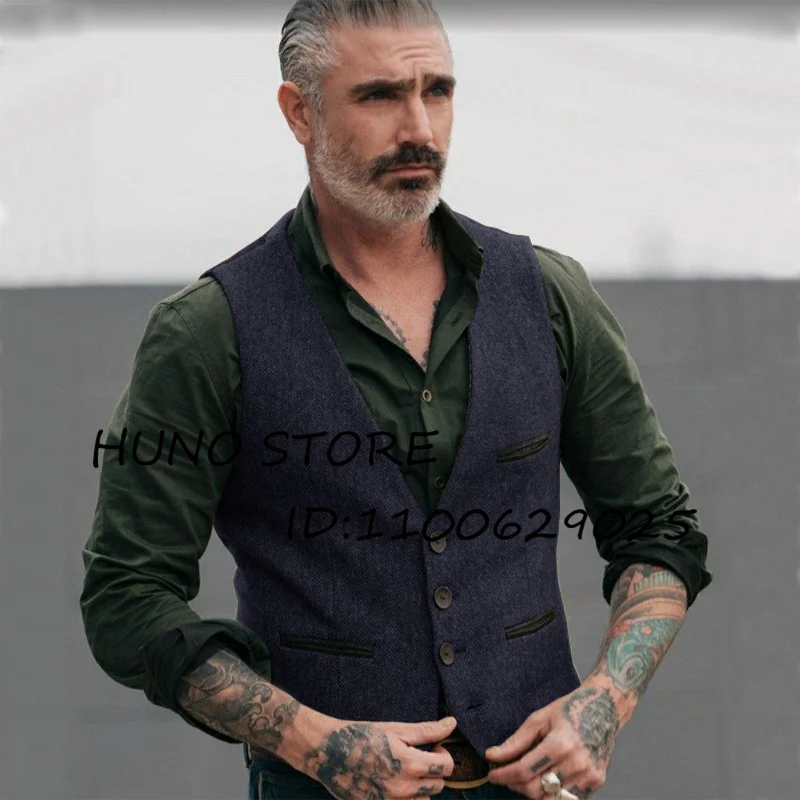 Herringbone Mens Vest V Neck Single Breasted Punk Wool Sleeveless Jacket Wedding Evening Brown Male Tank Top Gilet Mannen