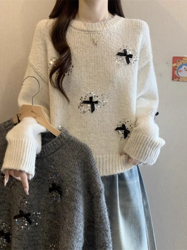 Suéter de Punto con Lentejuelas en 3D, Estilo Dulce y Elegante, Holgado, Color Blanco, para Mujer, Otoño Invierno, Sensación de Moda, Casual, para el Trabajo...