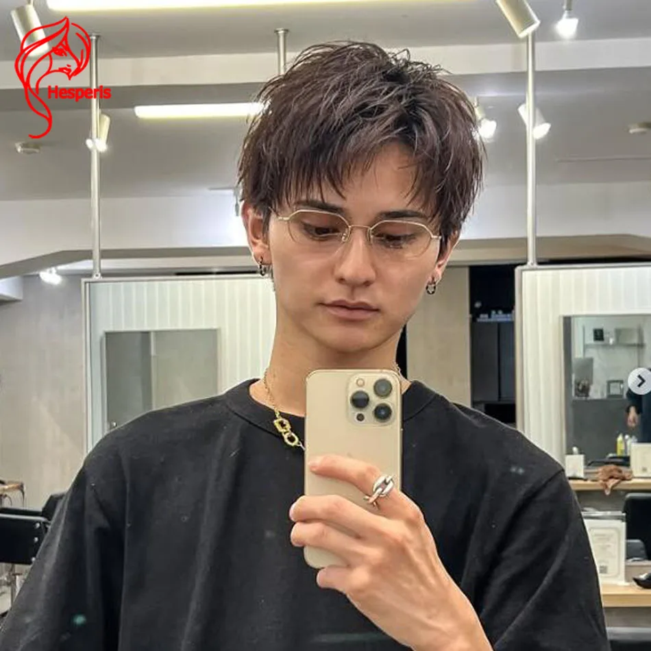 

Hesperis Full Lace Wig for Men Layers Cut Male Wig Transparent Lace Brown Hair Short Human Hair Wig Remy Boy Cut Wigs