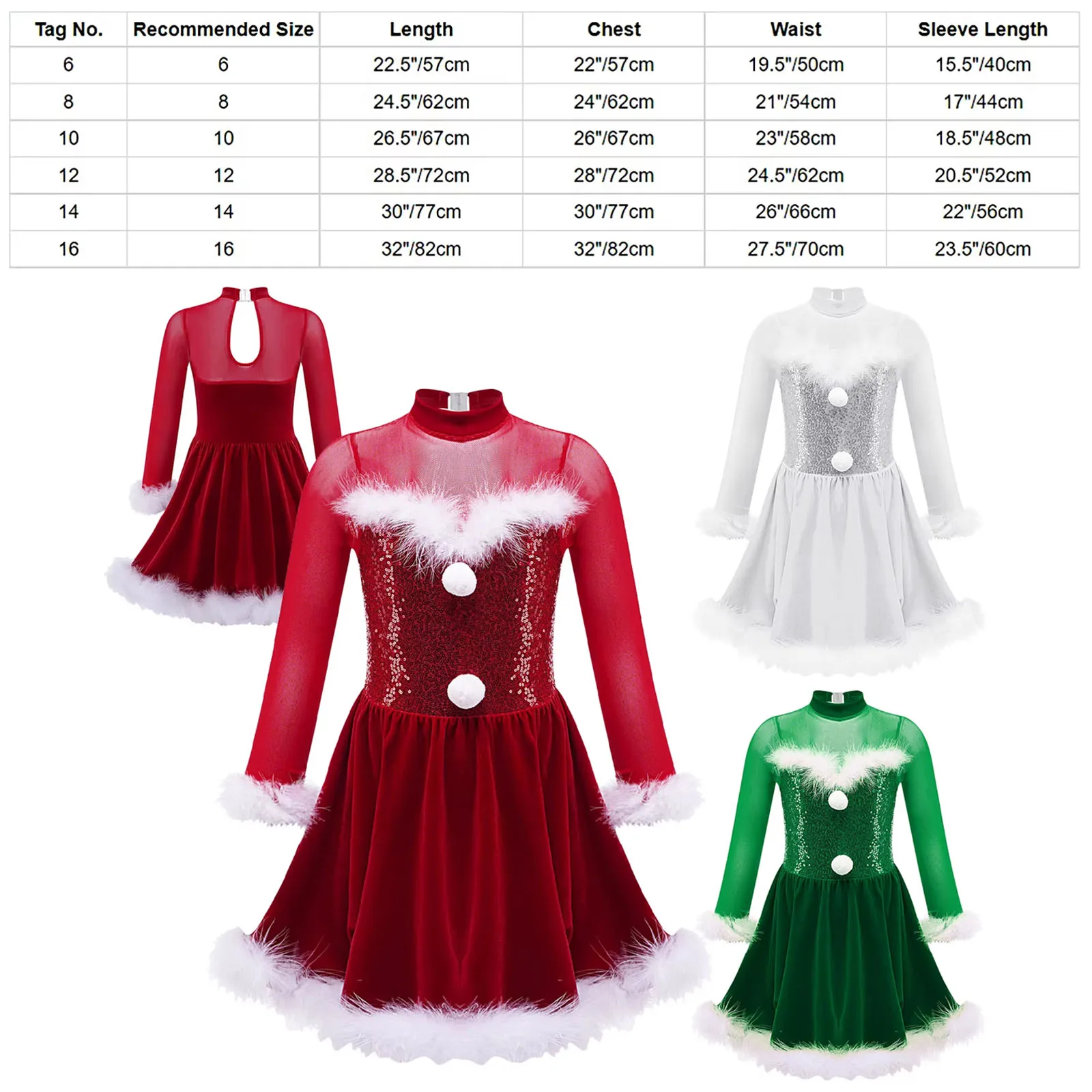 Kids Girls Christmas Dance Costume Faux Fur Santa Claus Leotard Dress Sequins Sheer Mesh Figure Ice Skating Roller Dancewear