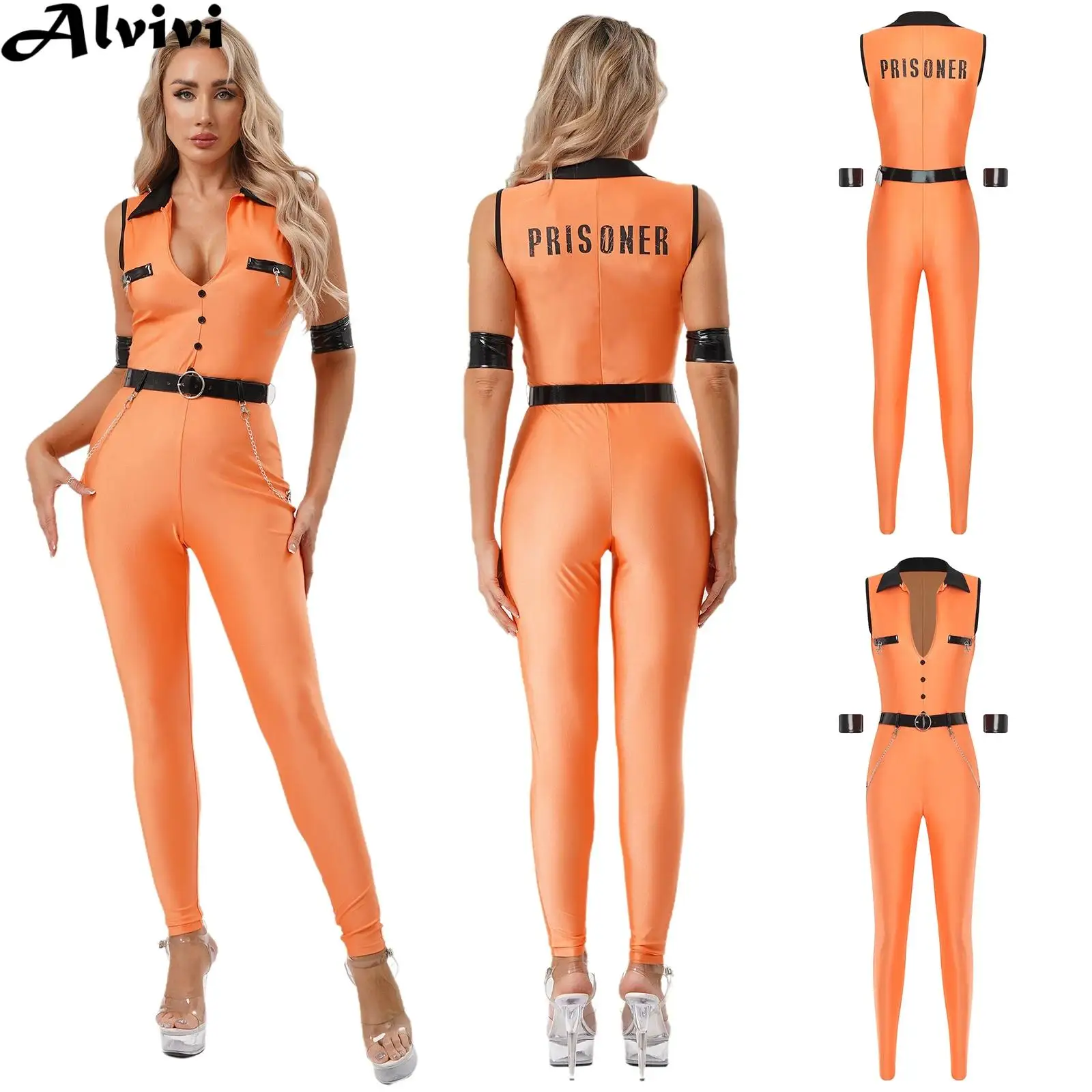 

Women Sleeveless Deep V Prisoner Dress Up Jumpsuit with Belt Cuffs Halloween Jailbird Inmate Convict Criminal Cosplay Costume