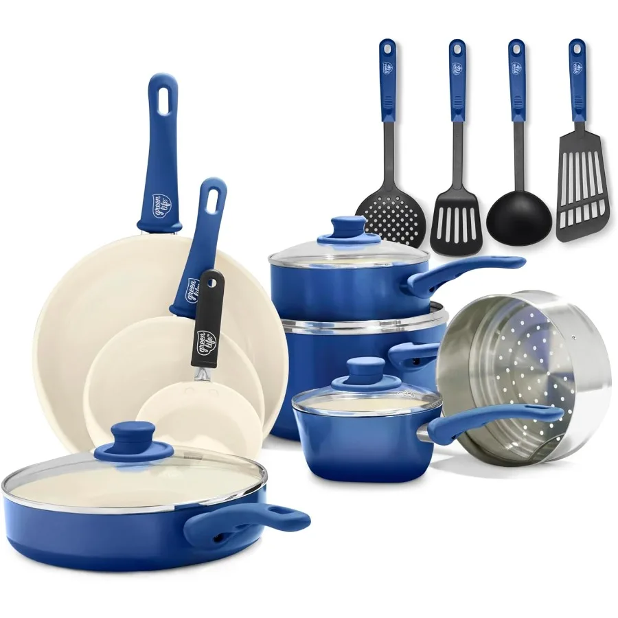 

16 Piece Nonstick Cookware Set Soft Grip NonToxic PFASFree Ceramic Pots and Pans Dishwasher and Oven Safe Frying Sauce Saute Ut
