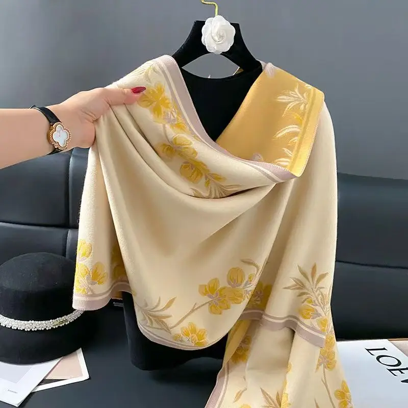 

Новый этнический стиль, цветочный принт, шерстяной шарф из альпаки, женский осенне-зимний шарф высокого качества, утолщенная теплая шаль, модный шарф с кисточками