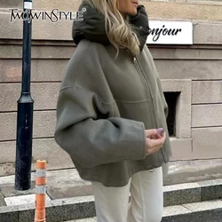 TWOTWINSTYLE Streetwear Casual Coats For Women Stand Collar Hooded Long Sleeve Patchwork Zipper Jackets Female Fashion Clothes