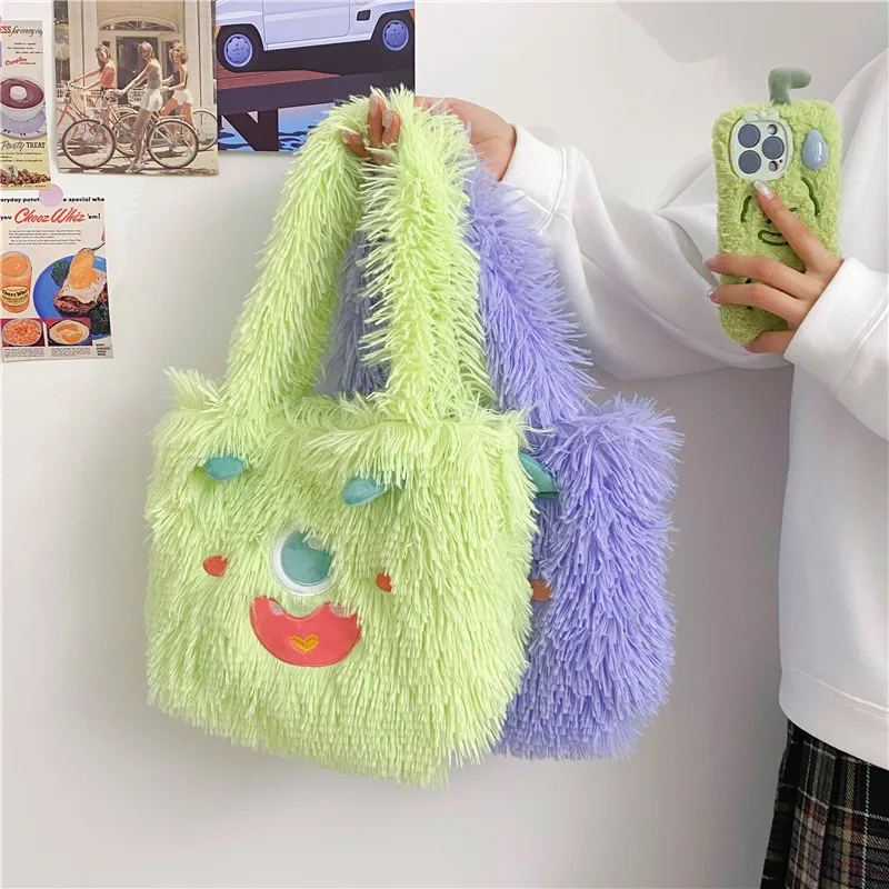 Women Cute cartoon little monster plush shoulder bag ins new large capacity Tote bag girl